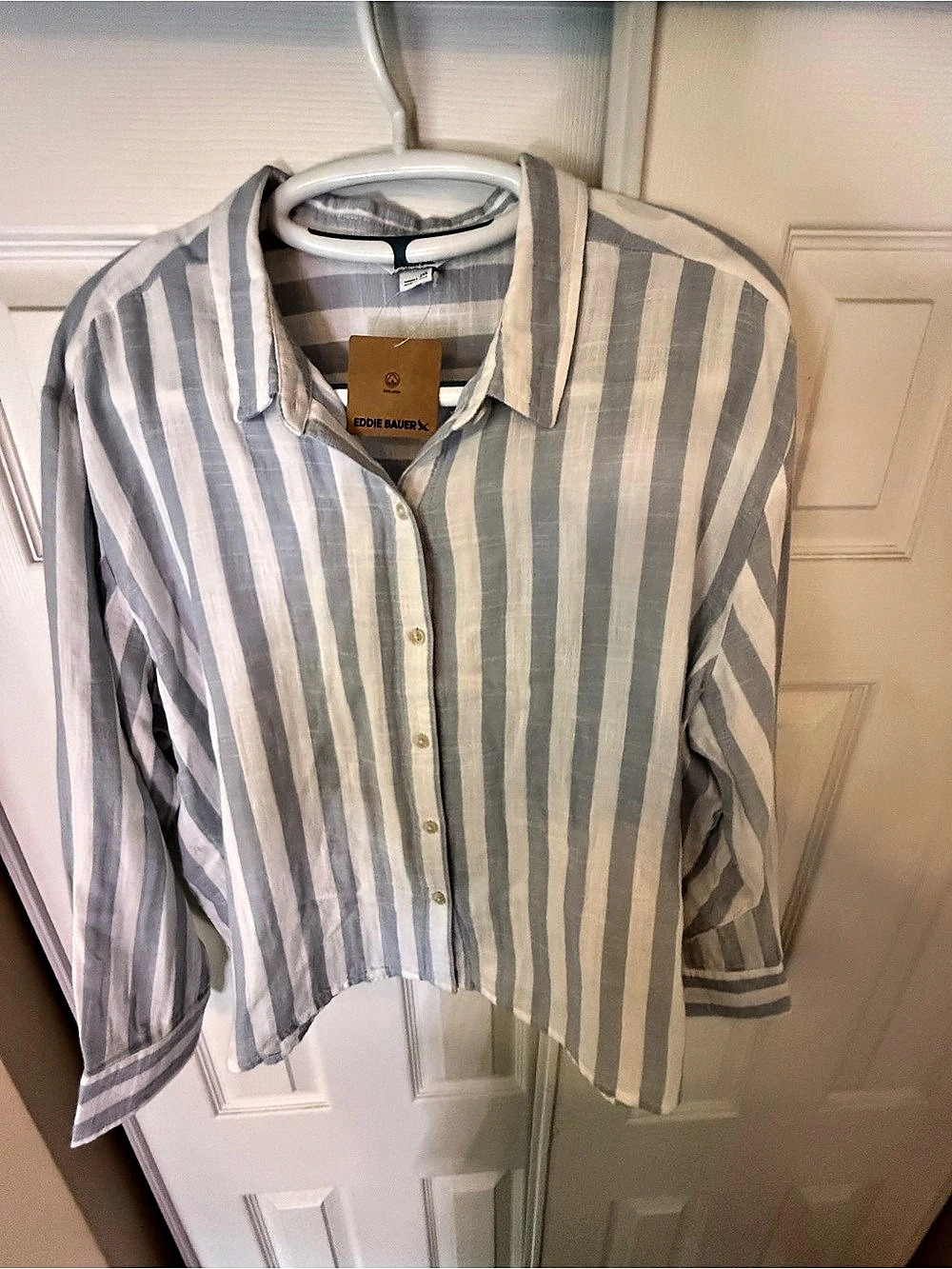 Eddie Bauer Striped Button Down in Blue & White Linen Shirt